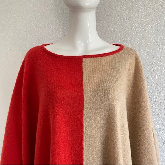 C.Z. Falconer red beige color block cashmere poncho - Picture 2 of 9